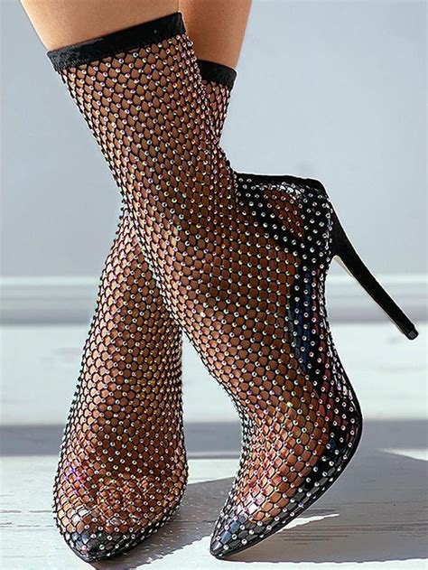 rhinestone mesh boots